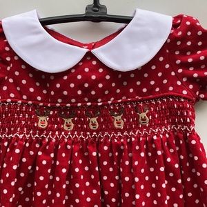 Girls Red Polka Dot Smocked Reindeer Dress
